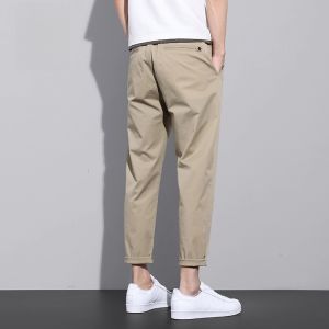 ROMON | Loose Fit Summer Thin Mens Casual Pants Lormen Ice Silk Khaki Elastic Nine-Tenths Straight Leg Pants Youthful Energy Style