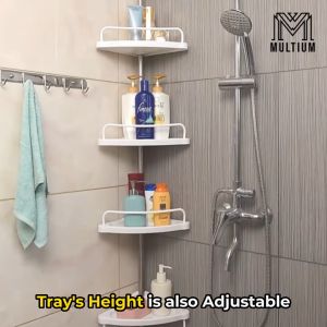 Floor To Ceiling Bathroom Organizer – Adjustable Corner Shelf Tension Rod with 4 Trays Multi-functional 3 Meters Shower Caddy Pole Stand for Shampoos Soaps Lotions and Loofahs Suitable in Bathroom and Laundry Room