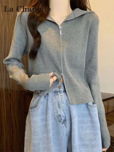 เสื้อสเวตเตอร์ถักแขนยาวสีเทา La Chapelle สำหรับผู้หญิง ฤดูใบไม้ผลิและฤดูใบไม้ร่วง ทรงเข้ารูป ปกพับ คอกลม แฟชั่นเกาหลี