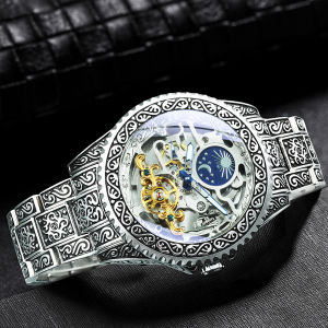 WINNER Luxury Tourbillon Skeleton Automatic Mechanical Watch for Men Luminous Hands Vintage Engraved Mens Watches Steel Strap