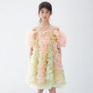 SASAKIDS Fairy Tale Off-Shoulder Dress with Detachable Floral Motif Heavy Embroidery Childrens Summer Midi Dress for Girls