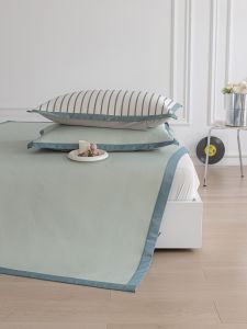 Ice Silk Cooling Mat Bed Canopy Three-Piece Set Foldable Soft Mat Air Conditioner Mat Simple Summer Stripe Color Block Design