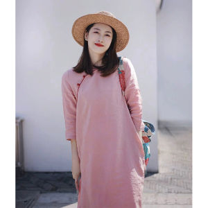 Summer Tunic Dress Embroidered New Chinese Style Qipao Collar Pink National Trend Side Slit Button Seven Sleeve Silk Linen Dress