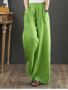 High Waist Wide Leg Pants Womens Loose Drapey Thin Linen Lyocell Cotton Summer Casual Trousers Vintage Commute Style Pocket Detail