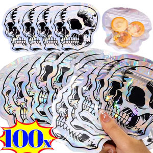 100Pcs Halloween Candy Packaging Bags Skull Laser Self-Sealing Bag Party Gift Candy Food Snack Jewelry Clear Plastic Pouches