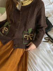 NIHAOKANONG | Áo Cardigan Len Đan Màu có Nơ Mềm