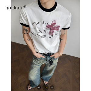 QOTRIOCK | American Street Cross Print Colorblock Summer T-Shirts