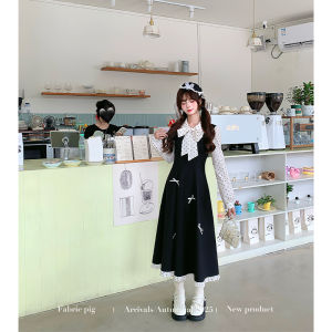Elegant False Two-piece Polka Dot Black and White Contrast Long Dress