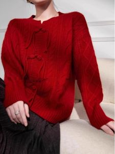 Loose Long Sleeve Cashmere Twist Sweater Womens Autumn Winter New Year Red Colorful Knitwear Casual Comfortable Top