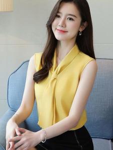 Casual V-Neck Tie-Detail Sleeveless Shirts Womens Fashionable Pure Color Hong Kong Style Loose Fit Polyester Blend Shirt