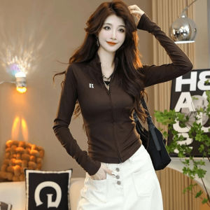 Áo Thun Dài Tay Khóa Kéo Thời Trang Nữ Mùa Thu 2025 Áo Sơ Mi Cơ Bản Đa Năng Thường Ngày Áo Khoác Cardigan Hở Cổ Tròn