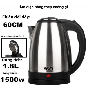 Ấm Đun Nước Điện Bằng Thép Không Gỉ JFBONIN 1.8L 220V Đế Màu Đen Bạc Tách Rời Chống Gỉ Bền Bỉ Với Chức Năng Bảo Vệ Quá Nhiệt Cho Gia Đình Và Du Lịch