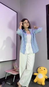 Kemeja Wanita Stripe Shirt Katun Salur Tali Pinggang