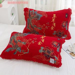 Thickened Eight-Layer Pure Cotton Flannel Pillowcases: Red Celebration Soft Couples Bedding & Single Person Pillow Covers