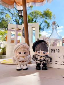 Elegant Retro Cotton Doll Suit with Fox Fur Top and Leather Beret Hat Ensemble for Doll Fashionable Miniature Clothing