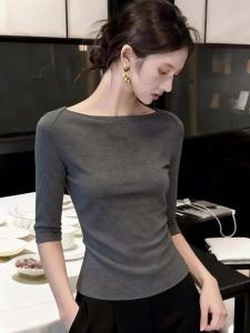 Áo Thun Cổ Thuyền Tay Ngắn Cho Phụ Nữ Form Ôm