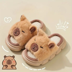 Cute Capybara Kids Cotton Slippers for Boys and Girls Indoor Warmth Outdoor Lightweight Flat Anti-Slip Shoes for All Seasons
