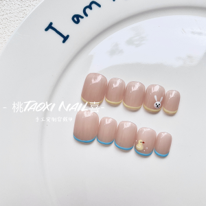 Handmade Wearable Nail Art Short Ice Transparent Bright Color Duck Rabbit Design Cute French Edge Nail Tips for Party Decoration