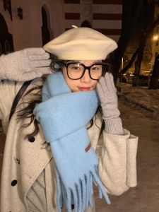 Ice Blue Girl ~ Grandma Chen Wool Blended Pure Color Scarf Womens Winter Atmosphere Heattech Korean Easiest for Match Scarf