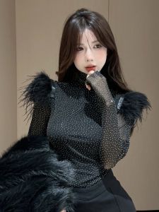 GUZILIAN | Heavy Embellished Long Sleeve Mesh Base Shirt Womens Sweet Spicy Feather Patchwork Stand Collar Slim Fit Outerwear
