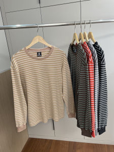 Elastic Knitted Long Sleeve T-Shirt for Men Autumn Winter Casual Wear Comfortable Youthful Trendy Striped Design Standard Fit