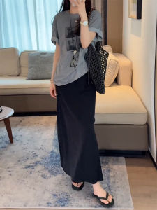 Black A-Line Mini Skirt Womens Loose Fit Posterior Slit Pear Shape Body Slimming High Waist Korean Style Commute Skirt