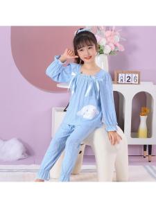 Girls Sleepwear Set with Bowtie Long Sleeve Home Clothes Floral Lace Sleeves Big Ear Dog Design Sweet Childrens Pyjamas