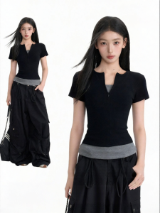 BAIDAIFEI | Black Faux Two-piece Straight Shoulder Short Sleeve Summer Slim Fit American Style Half Zip V-neck Blouse