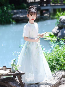 New Chinese Style Girls Summer Thin Hanfu Dress Blue Set Childrens Day National Trend Wind Horse Tunic Skirt Girls Dress