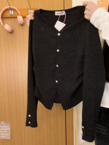 Cosmic Cream Knitted Long Sleeve V-Neck Womens Top Button Pure Color Base Layer Shirt Waist-Cinching Stylish Korean Version