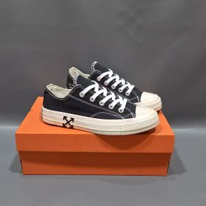 SEPATU CNVRS 70S LOW X OFF WHITE HITAM POLOS SOL GLOSSY 37-43 SNEAKERS FULL BLACK