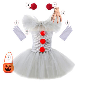 Halloween Costume For Kids Gray Girls Tutu Dress Kids Cosplay Scary Clown Costume Carnival Masquerade Party Dress Up 3-12Y