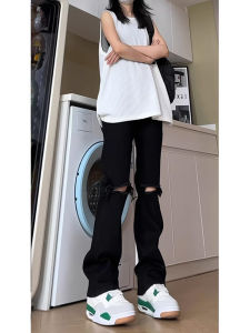 Summer Lightweight Slim Fit Black Flared Ripped Jeans Street Style