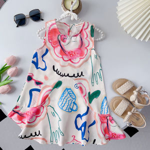 Bear Leader Girls Mori Dress Net Red Summer Dresses Small Fresh Fashionable Western Style Childrens Skirt Vest Skirt Han Fan Cartoon Print Clothing 3-7 Years