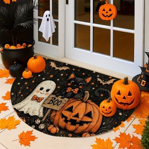 VIKAMA Hình Bán Nguyệt Ghost Black Cat Pumpkin Doormat Thảm Trải Sàn Chống Trượt Cho Cửa Trước Lối Vào Hiên Nhà Bếp Phòng Ngủ Trang Trí Nội Thất Phong Cách Hiện Đại Polyester