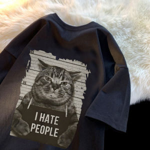 แมวตลกรูปแบบพิมพ์เสื้อยืดผู้ชายฤดูร้อน 2025 ใหม่ 100% ผ้าฝ้ายอเมริกันแขนสั้นสบายๆหลวมเสื้อยืดY2k Top Menเสื้อผ้า