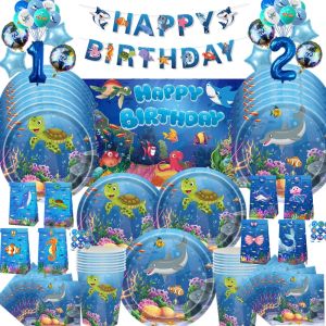 Sea Life Marine Animal Disposable Tableware Set Plate Cup Tablecloth Balloon Kids Favor Birthday Party Decoration Supplies
