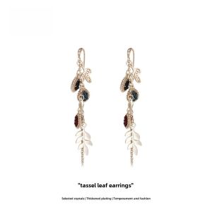 Long Tassel Crystal Earrings Women Luxury Minority Style Leaf Studs French Elegance Spring Fashion Jewelry Leaf Design