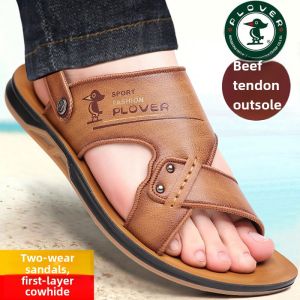 Mens Summer Sandals Thick Bottom Leather Beach Shoes Anti-Slip Outdoor Wearable Slippers Sporty Flat Heel Comfortable Footwear