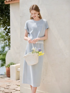 XIANGYING | Blue Casual Set Dress Lace Splicing T-shirt Mid-length Skirt