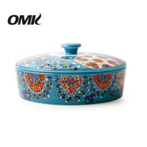 Omk phong cách Mỹ gốm 1500ml tô phục vụ với Nắp bát đựng salad hoa quả chia Snack hộp lưu trữ con công xanh loạt thiết kế