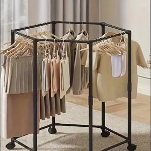 Rolling Clothes Rack Hexagonal Metal Garment With Wheels Rotating Hanger For Bedroom Laundry Room Makeup Organizer Office
