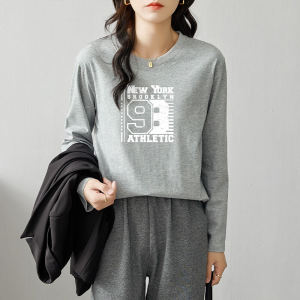 Grey Base Layer Shirt Womens Small Size Early Autumn Large Size Womens T-shirt 2025 New Pure Cotton Loose Long Sleeve T-shirt