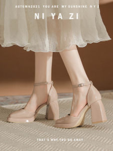 Waterproof Patent Leather Womens Shoes with Buckle and Square Head for Daily Use High Heel and Coarse Heel Design