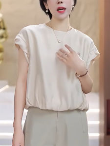 QINGNAER | French Style Slimming Beige Draping Wrinkle Short Sleeve Shirt