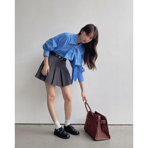 Miu Blue Long Sleeve Shirt Womens Spring New Style Princess Style Cotton Butterfly Knot Tie Waist Design Princess Line Shirt