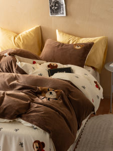 Cartoon Style High Grammage Milk Velvet Embroidery Bedding Set Cute Bear Bed Sheet Bed Cap Style Bedding for 1.8m Bed