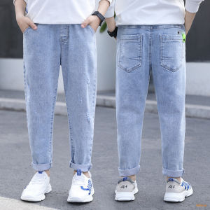 กางเกงยีนส์เด็กชายทรงตรงลำลองสีอ่อน ฤดูใบไม้ผลิและฤดูใบไม้ร่วง กางเกงขายาวทรงตรงสำหรับเด็กโต กางเกงยีนส์สำหรับเด็กผู้ชาย