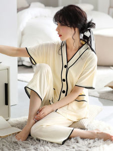 Pure Cotton Summer Thin Short Sleeve Pants Sleepwear Set for Women V-Neck Button Decor Casual Home Style Comfortable Loose Fit