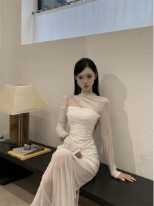 Áo Lưới Hở Vai Xếp Ly Crazy Ladys Mùa Thu 2025 Gợi Cảm Bằng Vải Polyester Dài Tay Dáng Ôm Cho Nữ